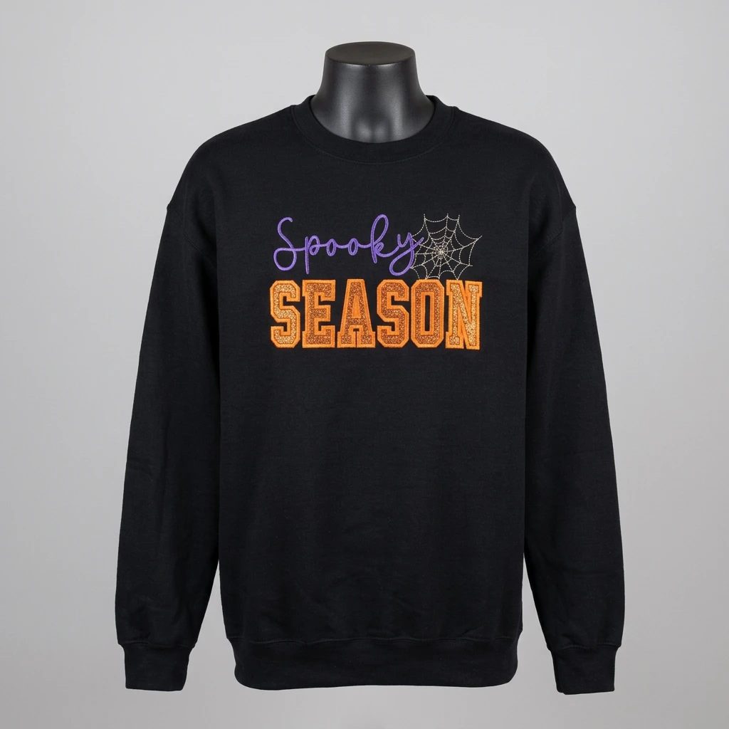 Black Spooky Season crewneck sweatshirt with orange lettering on a neutral background