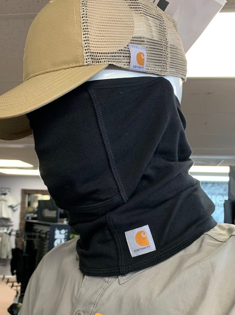 Carhartt cap and black fleece neck gaiter on display in the shop